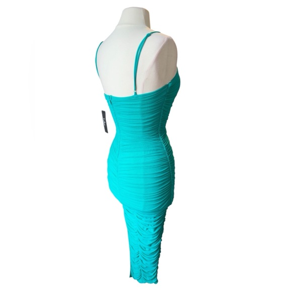 Women’s Lulus Teal Sleeveless Ruched Bodycon Mermaid Midi Dress Size Small NWT - Picture 4 of 14